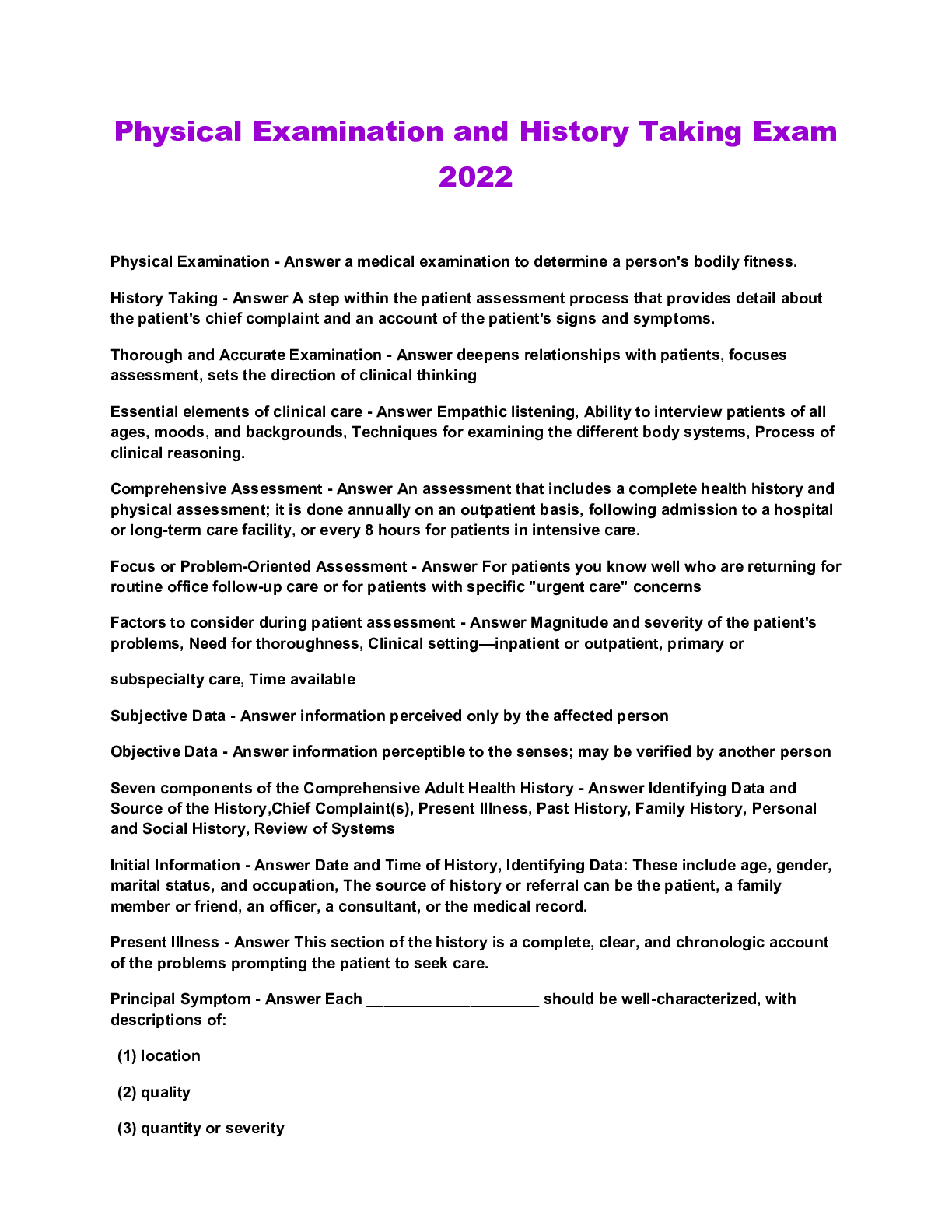 Physical Examination and History Taking Exam 2022 Browsegrades